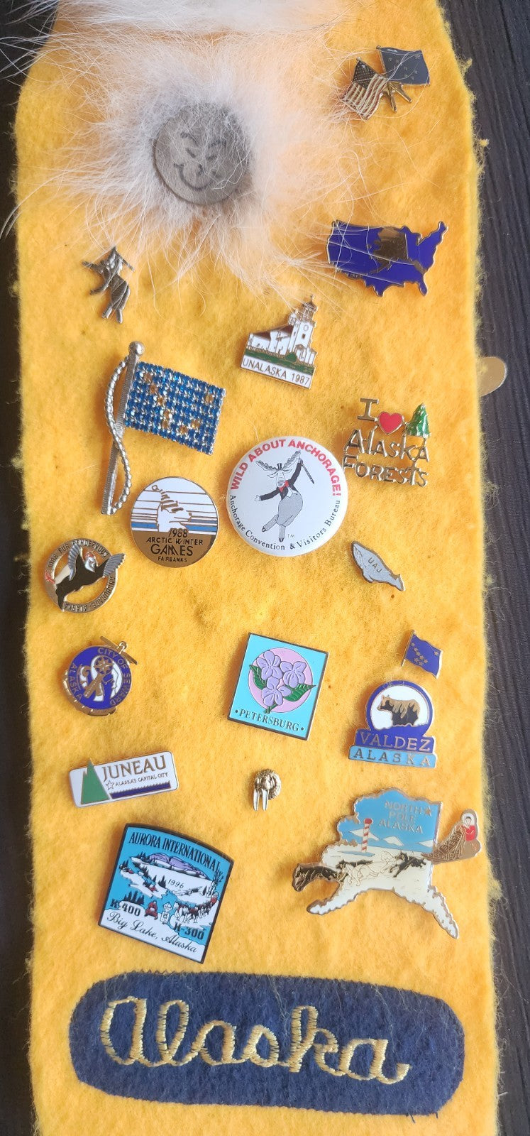LOT OF (37) LAPEL/HAT PINS And Handmade Alaska Sash ALASKA ENAMEL MIXED VINTAGE