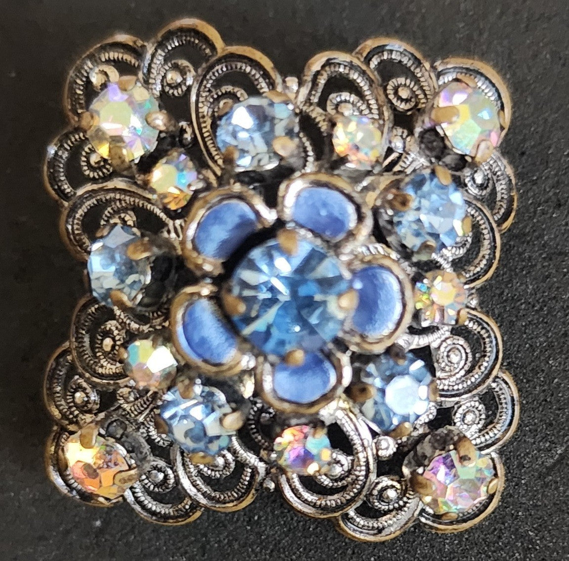 Vintage Blue Rhinestone & Silver Tone Brooch Pin