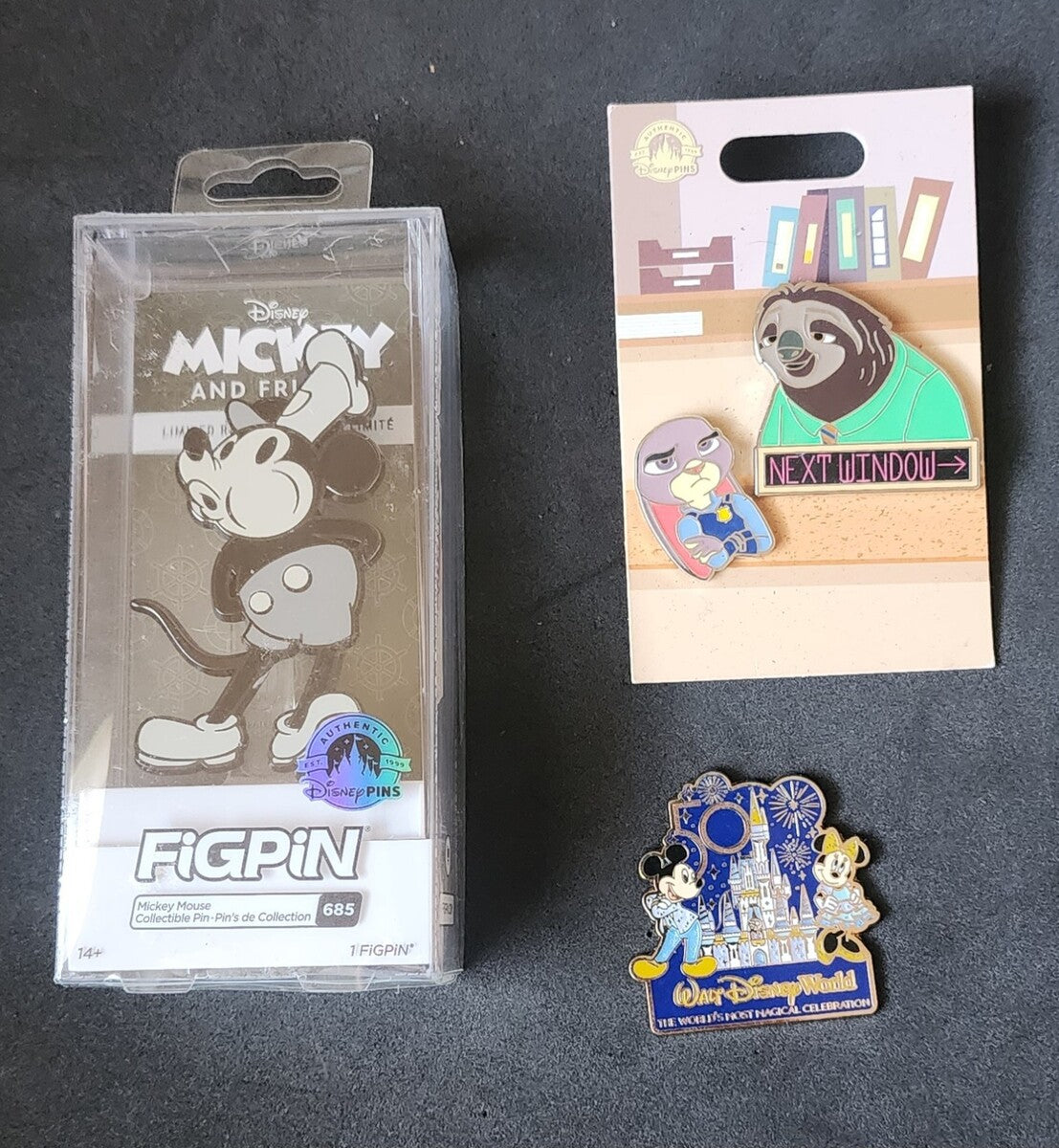 Lot of (3) Disney Pins, Various Designs, Mickey Figpin, Disney 50th, Zootopia