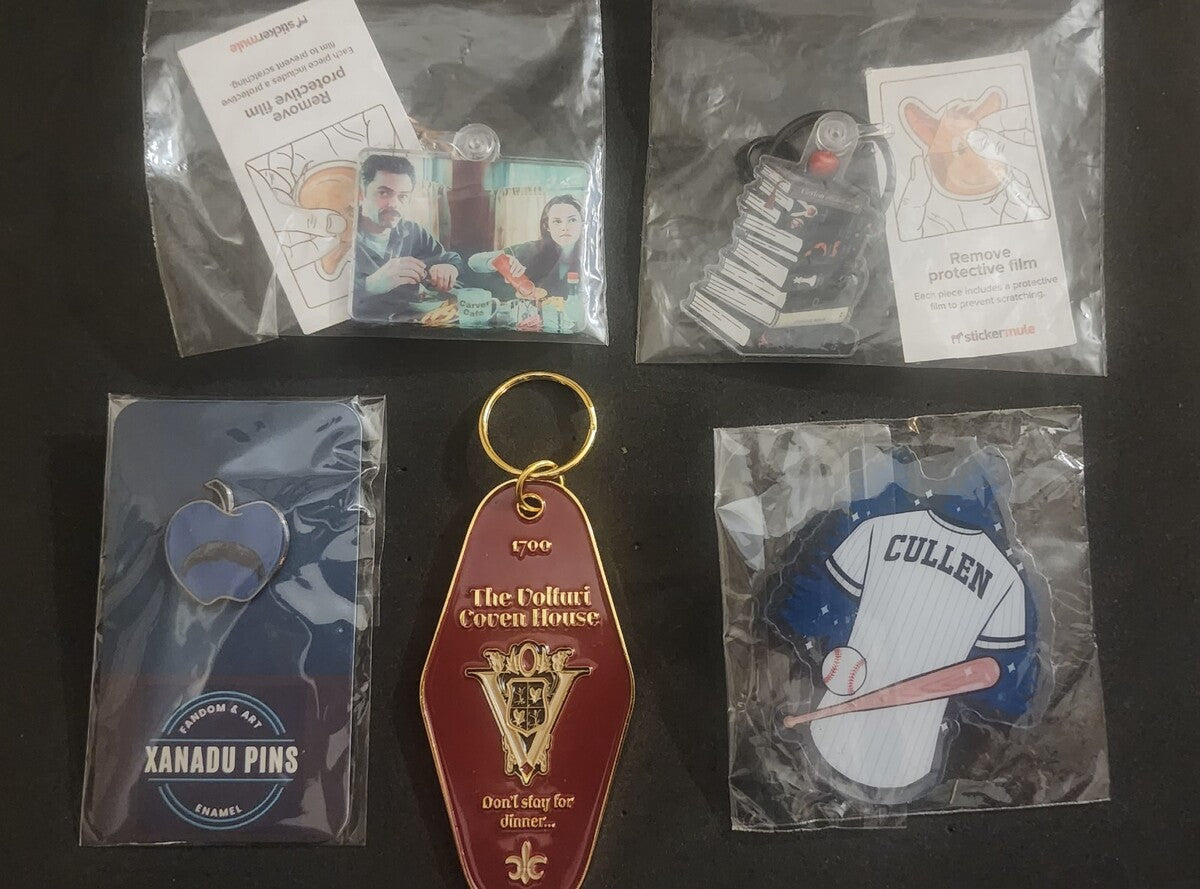 Mix Lot of (5) Twilight Saga inspired Keychains + Pins