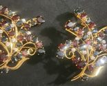 Pair of Vintage floral Gold Tone Large Brooches Sapphire and Garnet