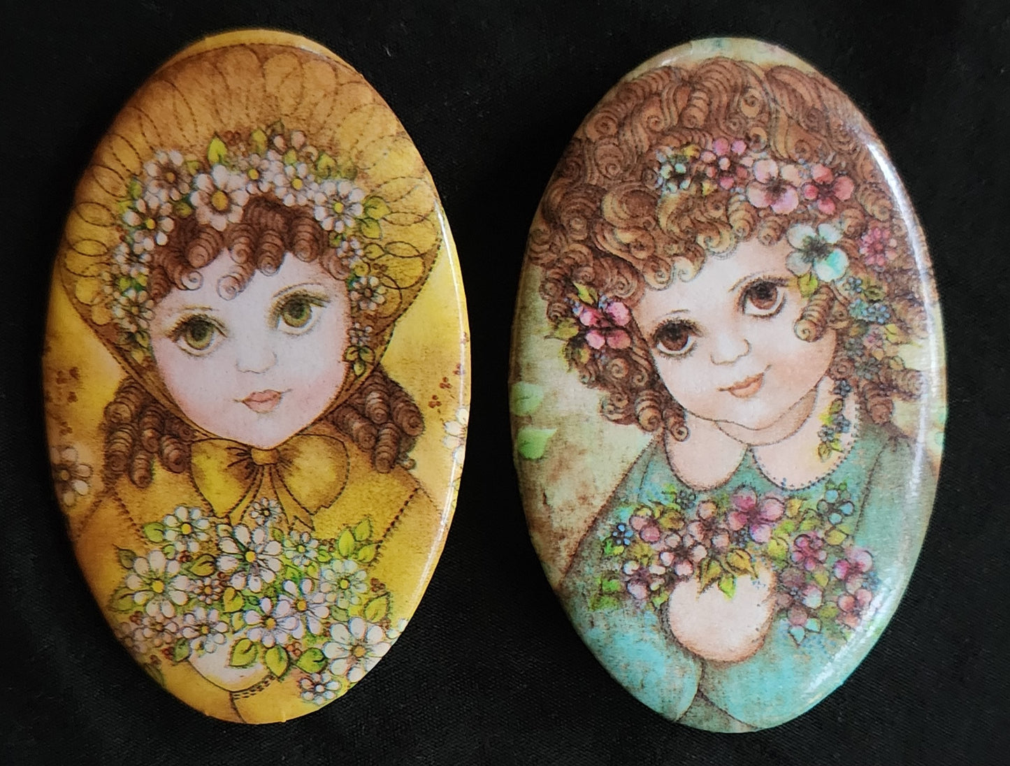 Lot of (2) Vintage Big Eye Girl Mid Century Laminated Oval Pin Backs