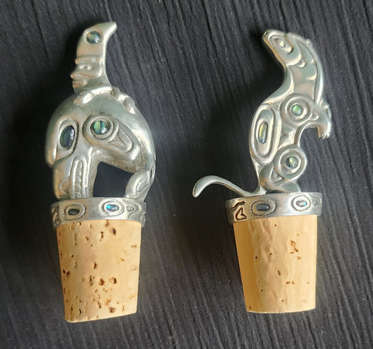 Pair of Glen Rabena Pewter Bottle Stoppers Wine Corks – Whale and Sea Otter
