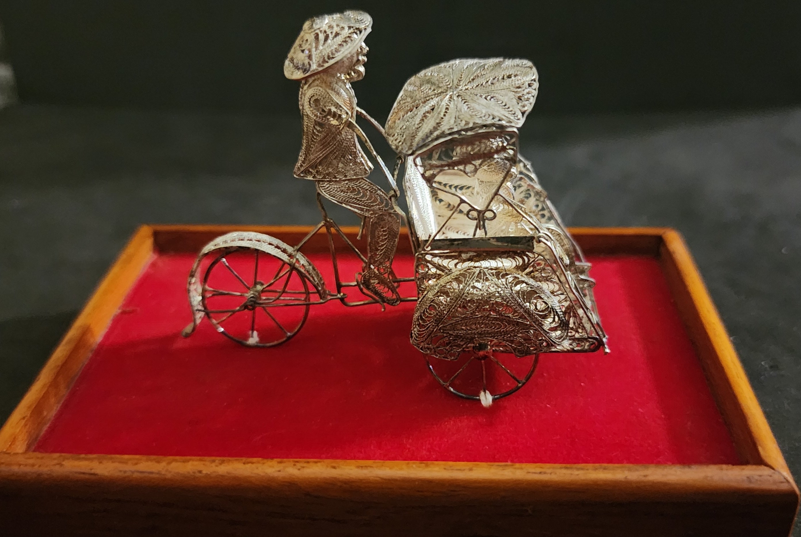 Vintage Chinese .900 Silver Filigree Rickshaw Puller Miniature Sculpture Figurine