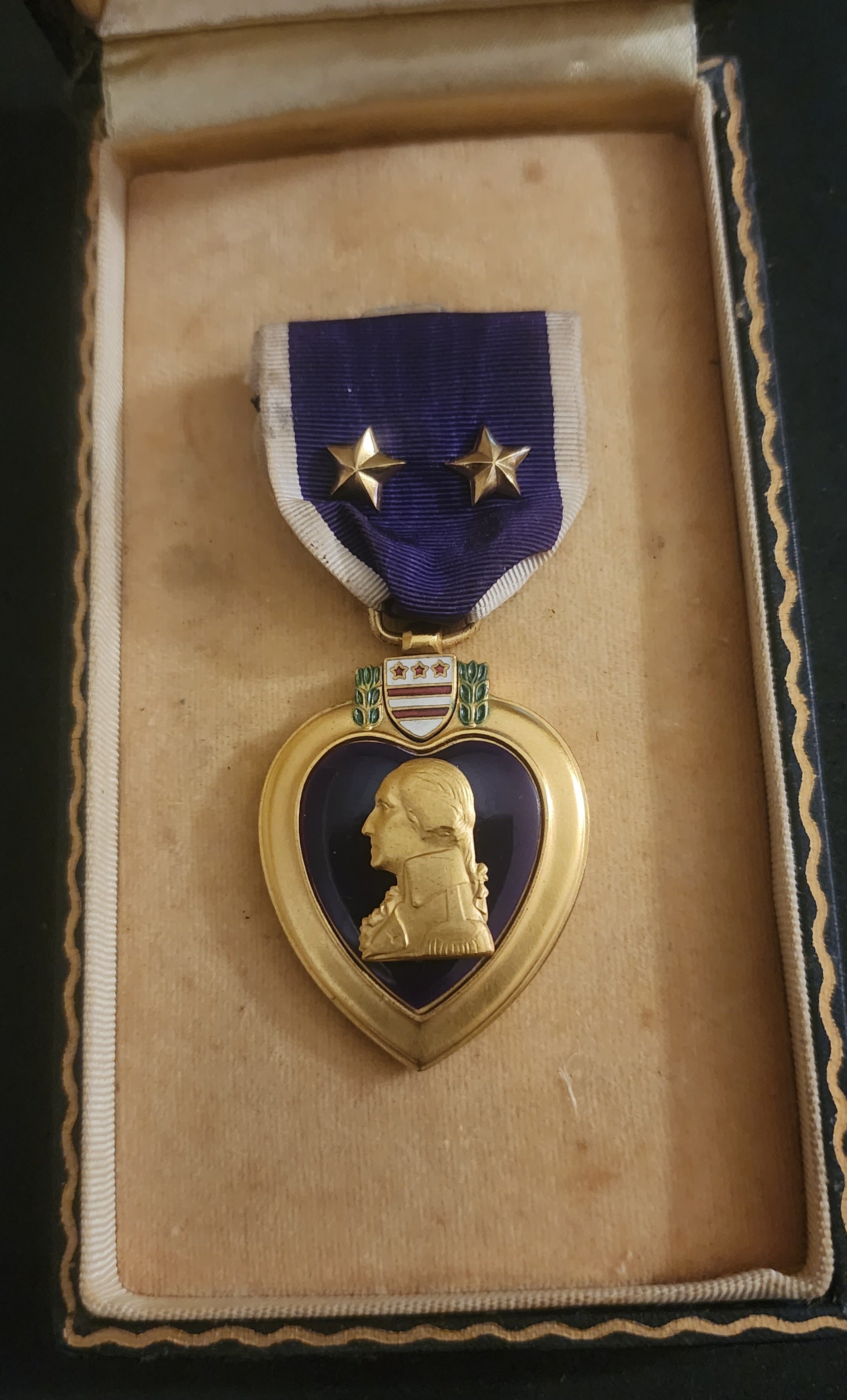 Vintage Extremely Rare U.S. Purple Heart Medal in Original Case - Third Award with Two Gold Stars (WWII/Korean Era Slot Brooch)