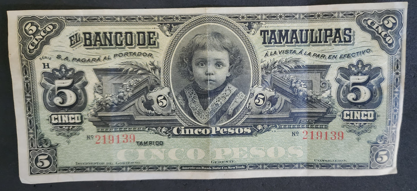 Vintage MEXICO El Banco de Tamaulipas 5 Cinco Pesos Series H