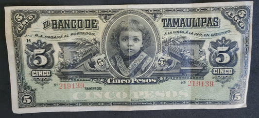Vintage MEXICO El Banco de Tamaulipas 5 Cinco Pesos Series H
