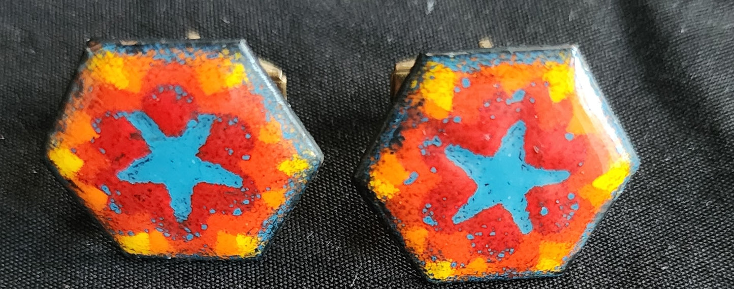 Abstract Art Copper Sunburst Star Vintage Enamel Cufflinks