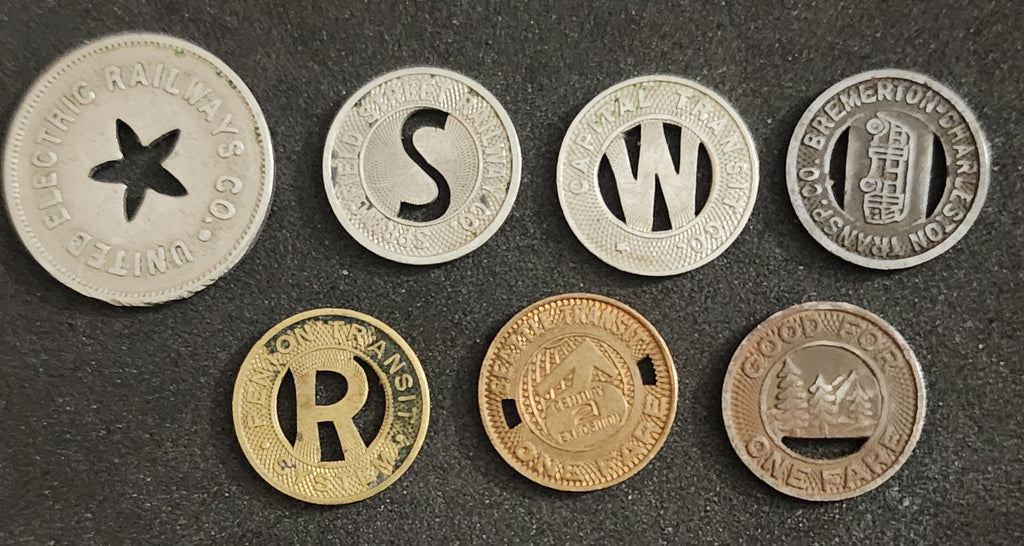 Lot of (7) Vintage Transit Tokens from Various Locations (Seattle, Bremerton, Springfield, etc.)