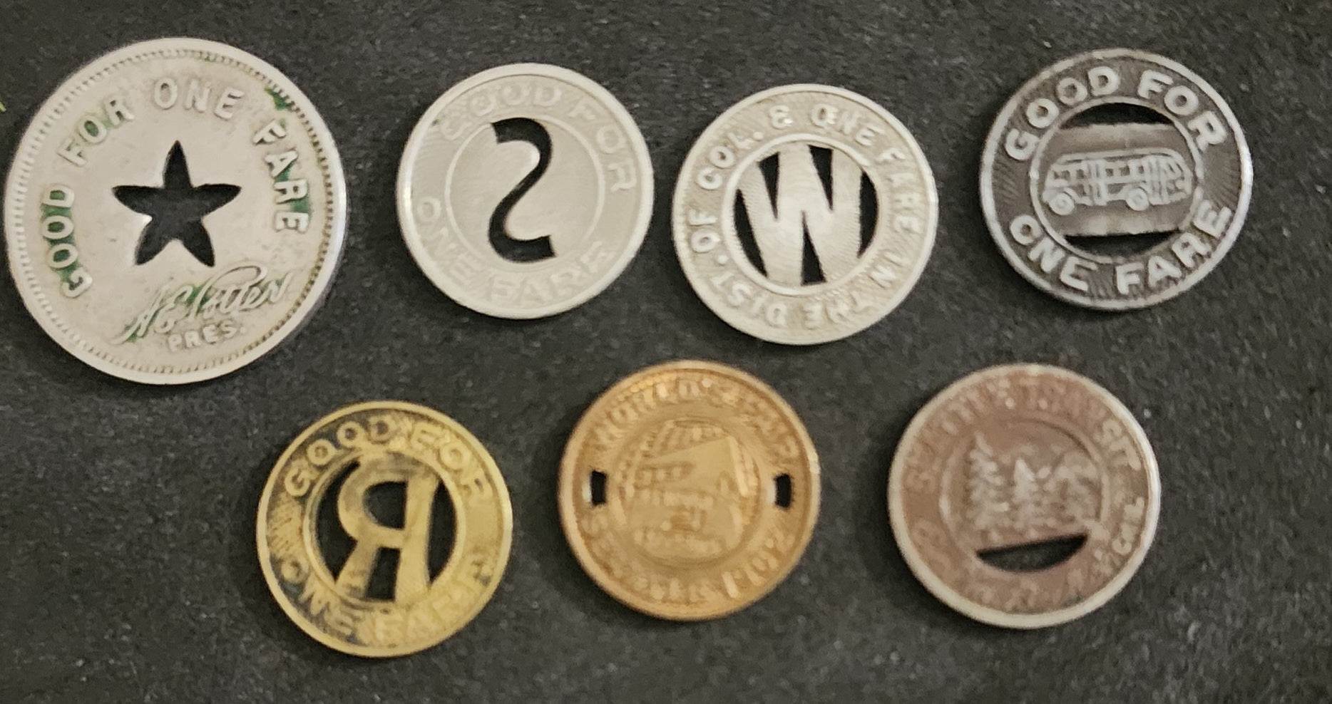Lot of (7) Vintage Transit Tokens from Various Locations (Seattle, Bremerton, Springfield, etc.)