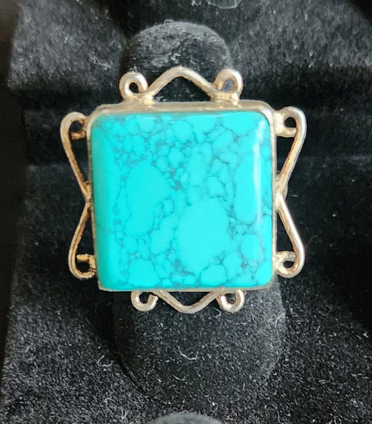 Vintage Sterling Silver Square Spiderweb Turquoise Ring Sz-6.75