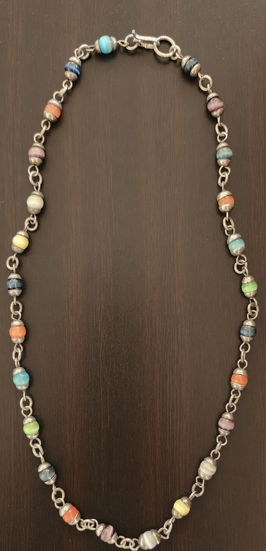 Vintage Mexican (TAXCO?) Sterling Silver Lantern Gemstone Bead Necklace 19" Princess Length