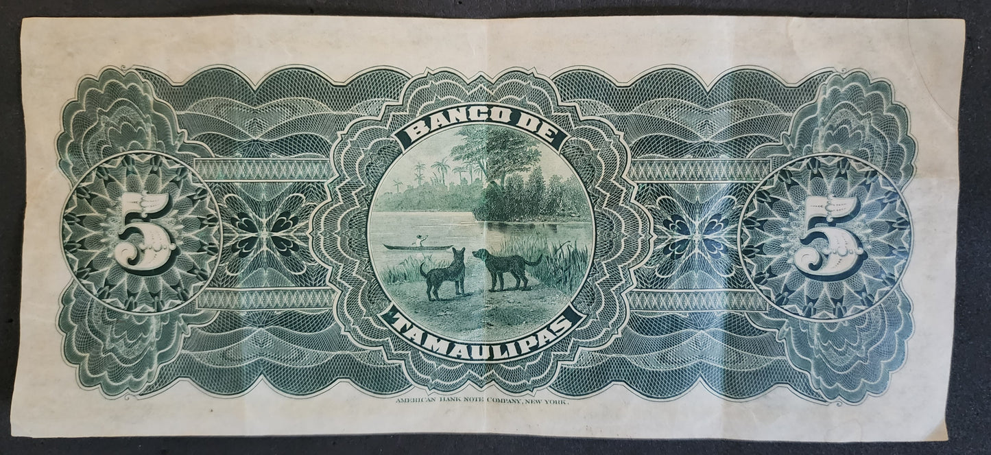 Vintage MEXICO El Banco de Tamaulipas 5 Cinco Pesos Series H