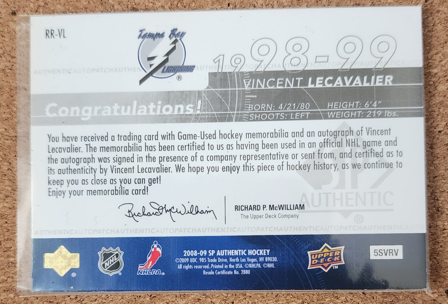 VINCENT LECAVALIER 2008-09 SP AUTHENTIC ROOKIE REVIEW AUTOGRAPH PATCH 010/100!