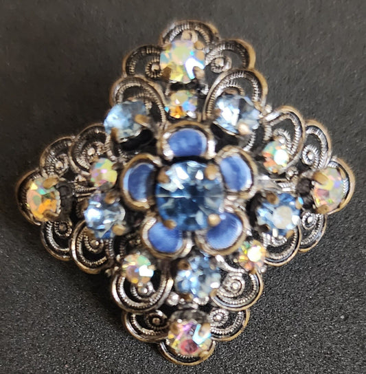 Vintage Blue Rhinestone & Silver Tone Brooch Pin