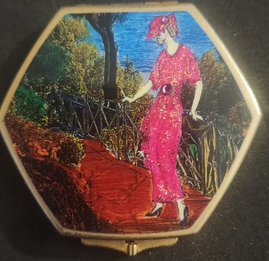 Vintage Compact Mirror Pink Lady Glitter Scenic Unmarked Hexagonal Gold Tone