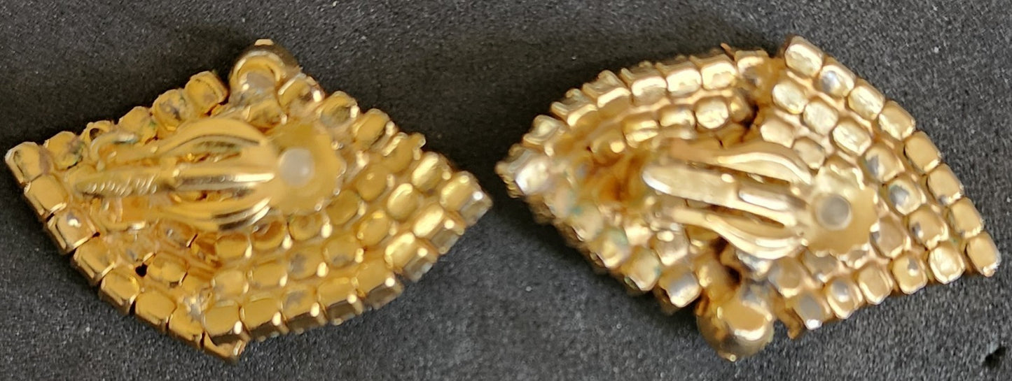 Vintage La Roco Rhinestone Clip-On Fan Earrings Designer Signed