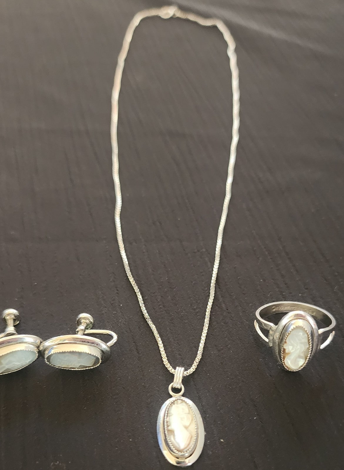 Sarah Coventry Sterling .925 Cameo Ring, earrings, and necklace Set Vintage