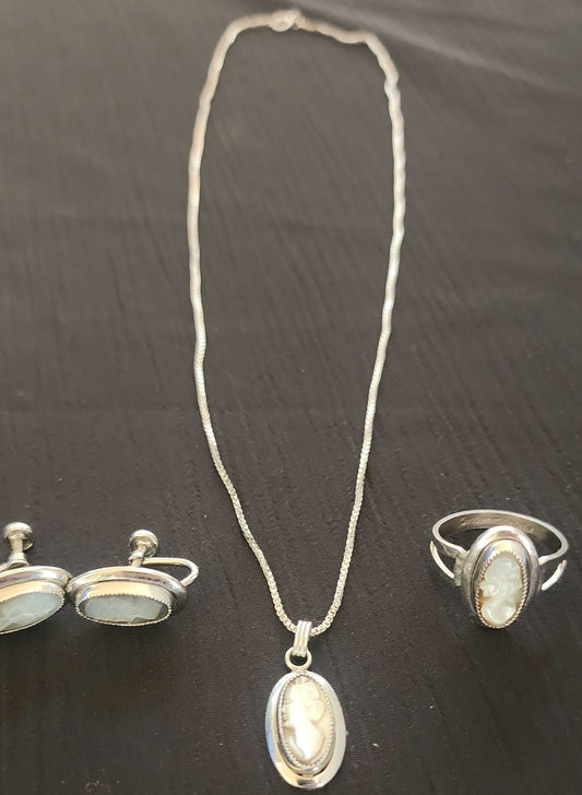 Sarah Coventry Sterling .925 Cameo Ring, earrings, and necklace Set Vintage