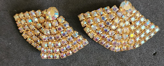 Vintage La Roco Rhinestone Clip-On Fan Earrings Designer Signed