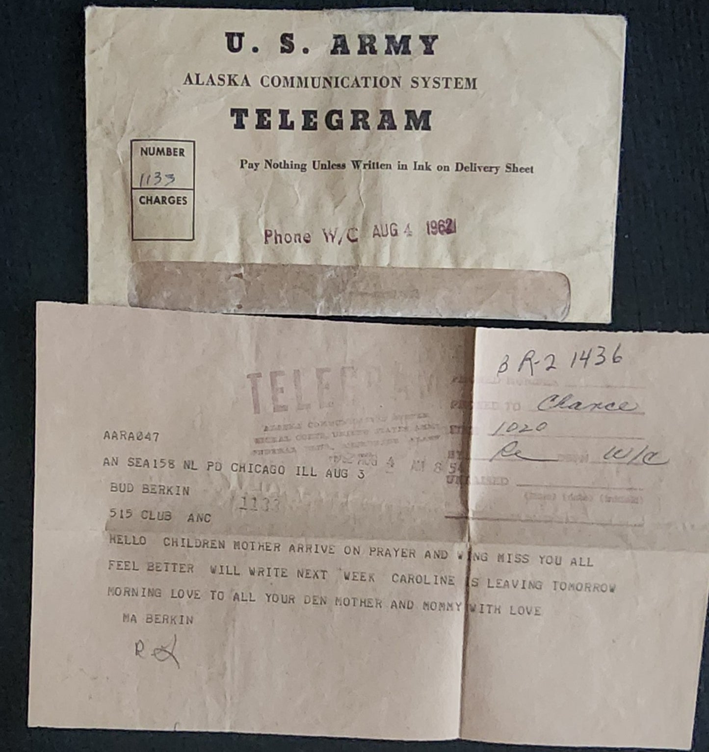 1962 US Army Alaska Communication System Telegram Letter Vintage