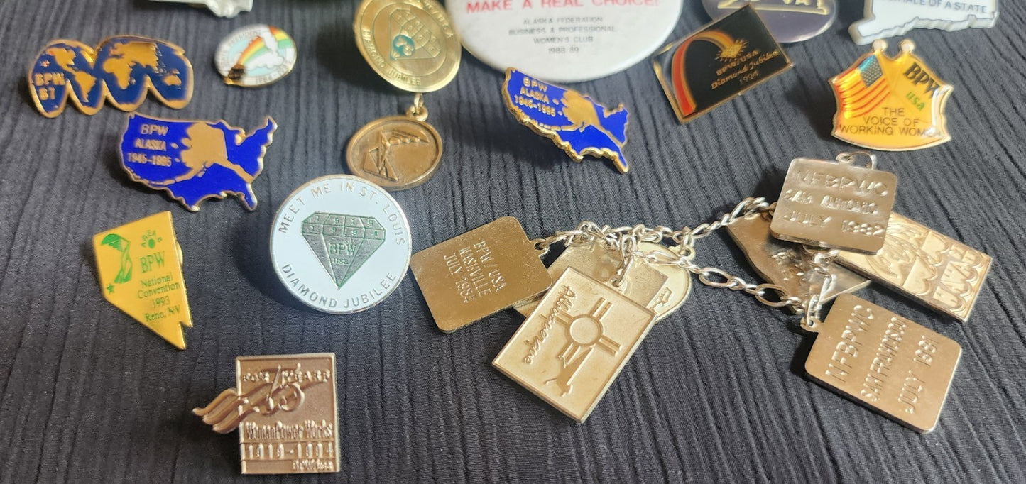 Vintage Lot of (21) BPW Business Professional women Pins + Charm bracelet