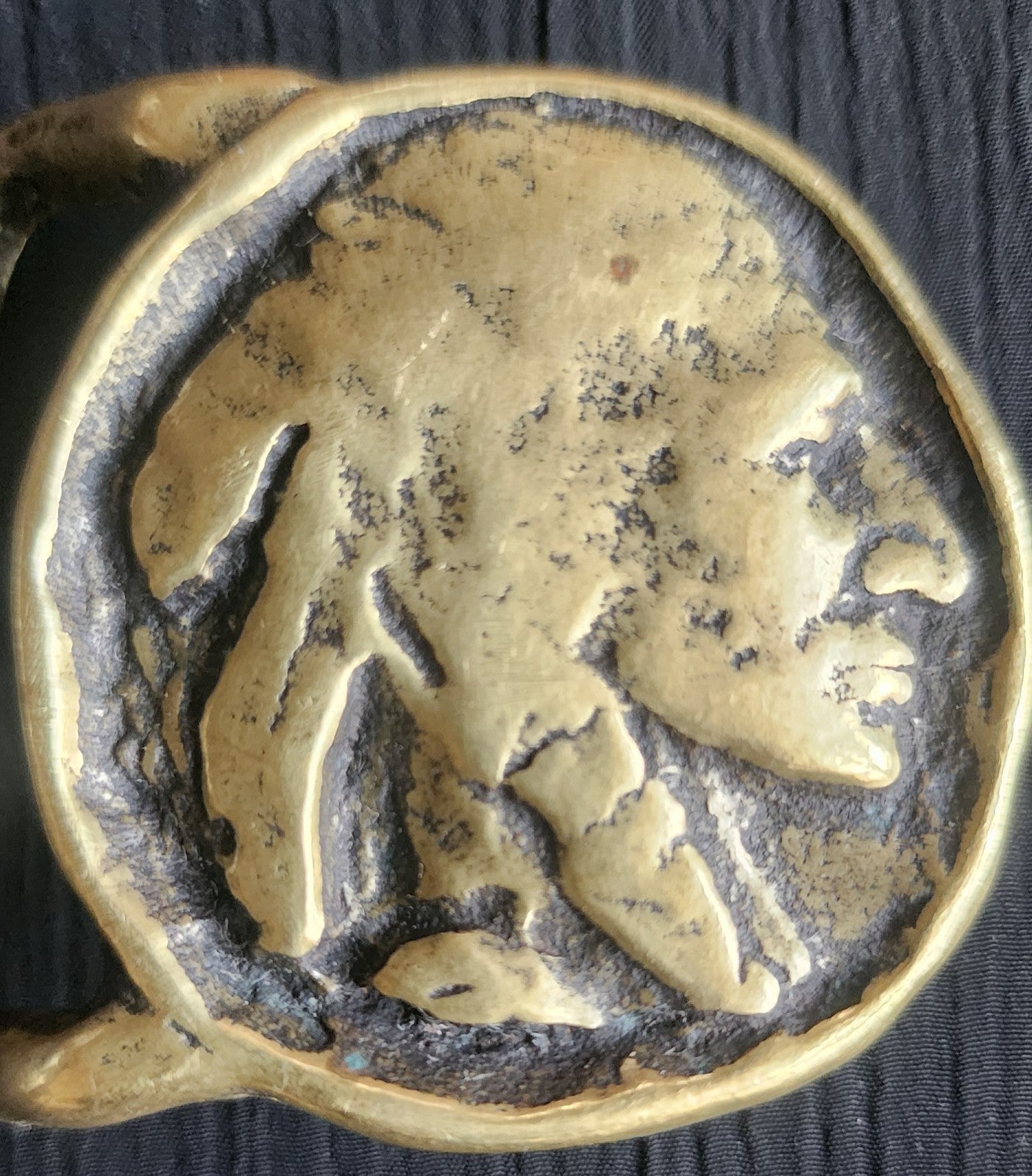 Vintage Brass Indian Head Buffalo Nickel Native Portrait Face Belt Buckle 1970s
