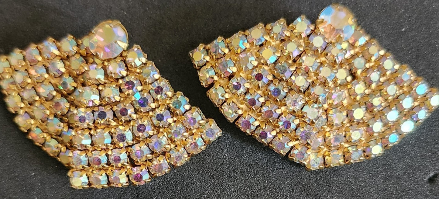 Vintage La Roco Rhinestone Clip-On Fan Earrings Designer Signed