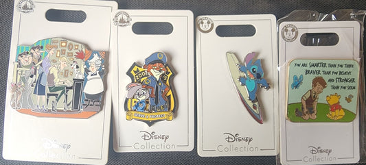 (4) NEW Disney collection Pins Lot. Pooh, Stitch, Dalmatians, Serve&Protect
