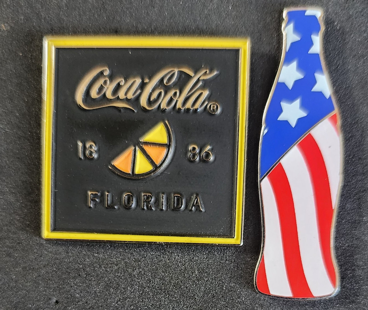 Coca Cola 1886 Florida Orange Slice + Bottle Flag Pin Collectible