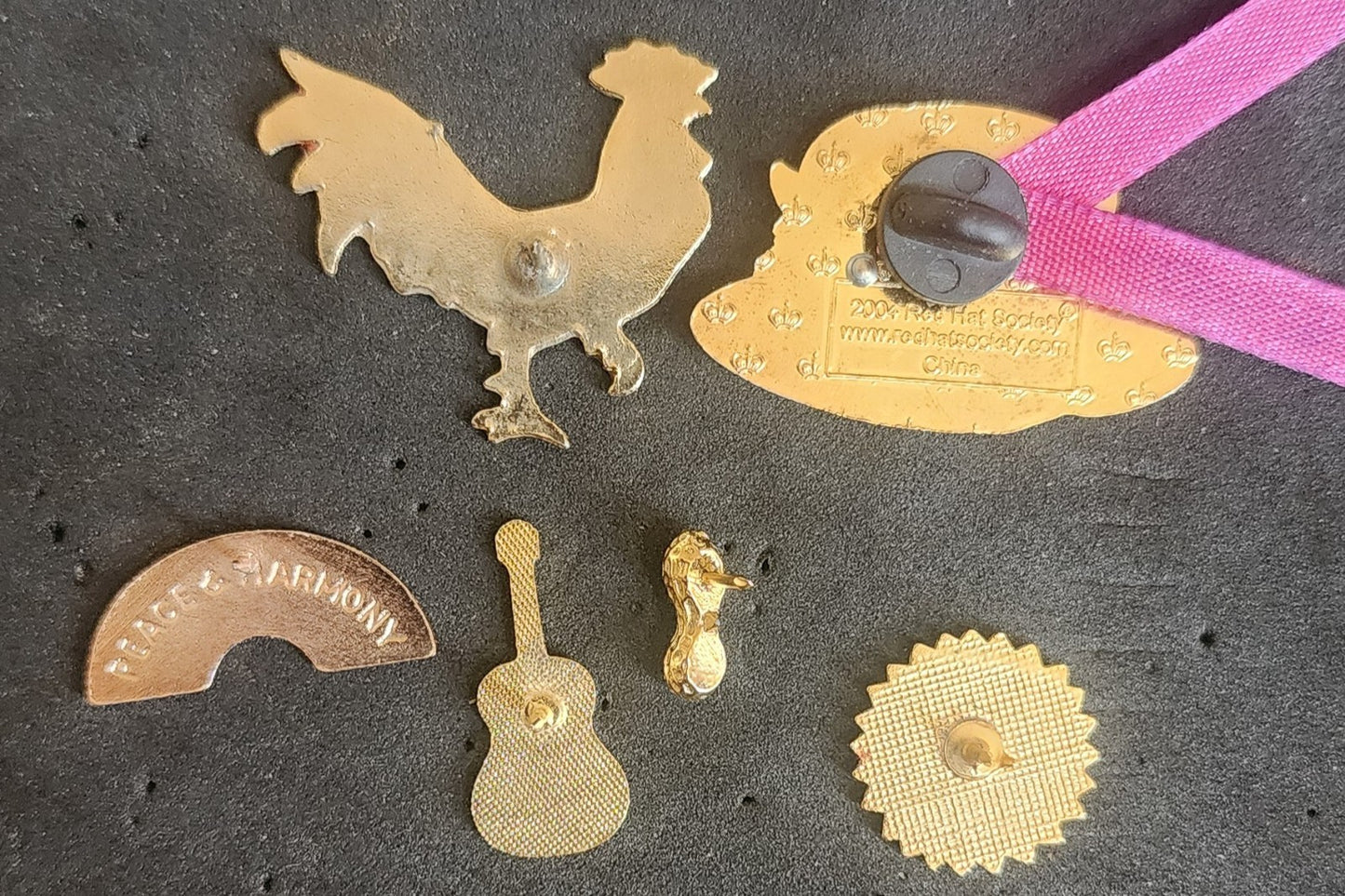 Lot Of 6 Vintage Enamel Lapel Hat Pins - Red Hat Society, Red Rooster, Guitar