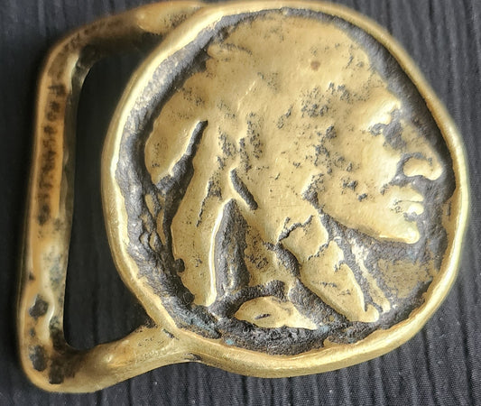 Vintage Brass Indian Head Buffalo Nickel Native Portrait Face Belt Buckle 1970s