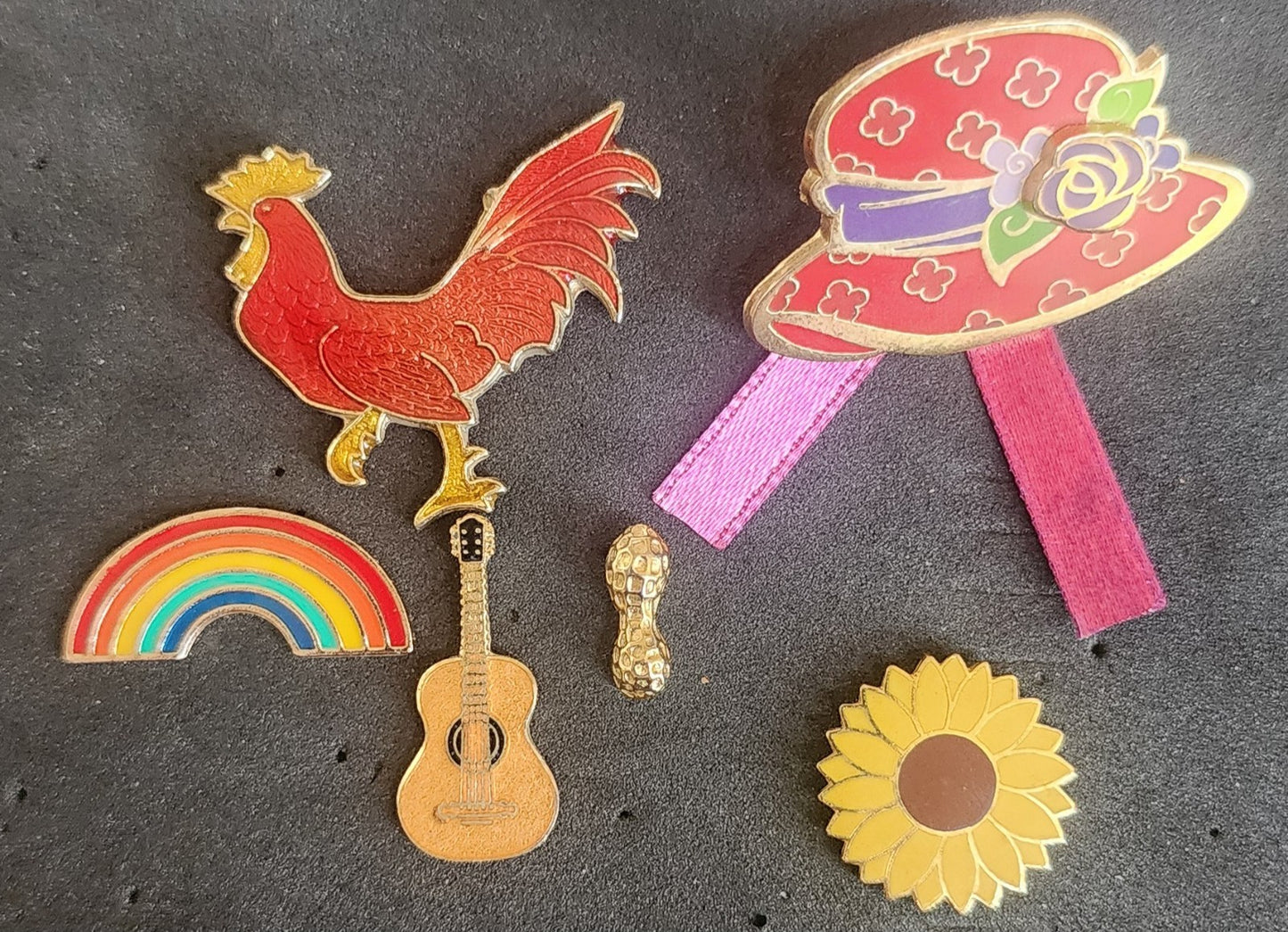Lot Of 6 Vintage Enamel Lapel Hat Pins - Red Hat Society, Red Rooster, Guitar
