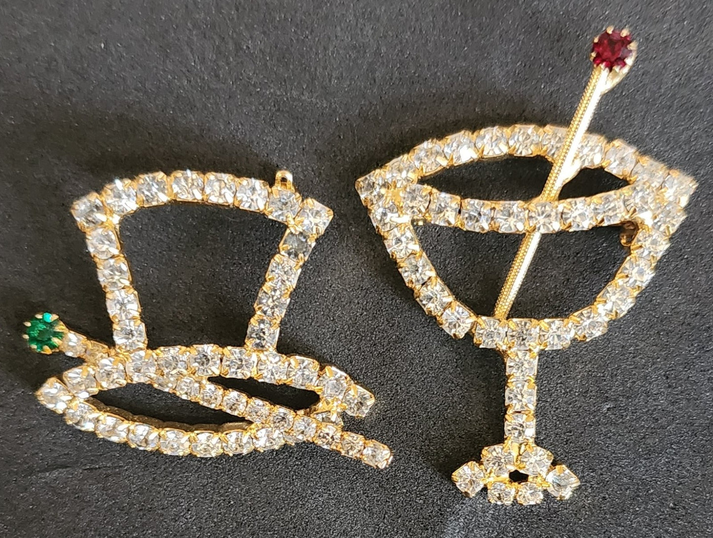 Vintage Martini Glass Rhinestone Brooch Pin + Magician Hat Brooch