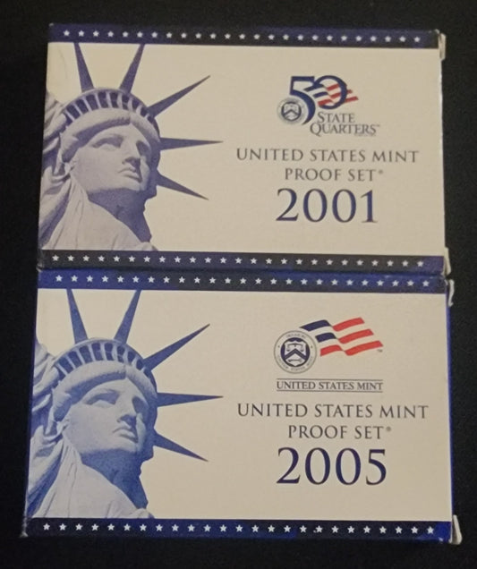 Pair of 2001 & 2005 U.S. Proof Sets in OGP -- 21 TOTAL PERFECT PROOF COINS!